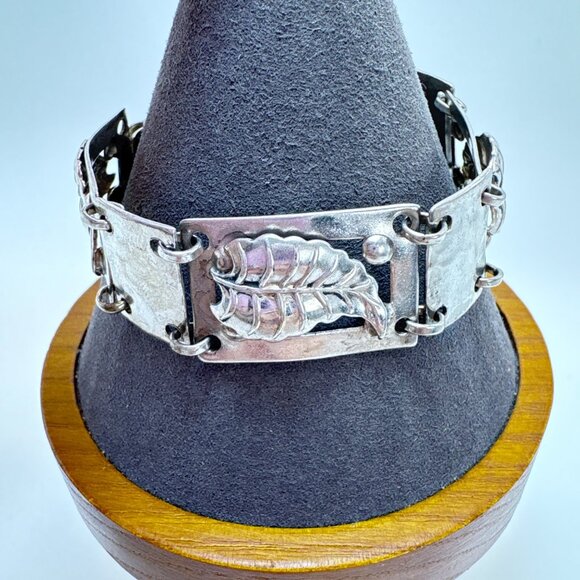VTG Sterling Silver 925 Leaf Design Large Link Bracelet Size 7.25" Length - Picture 1 of 10